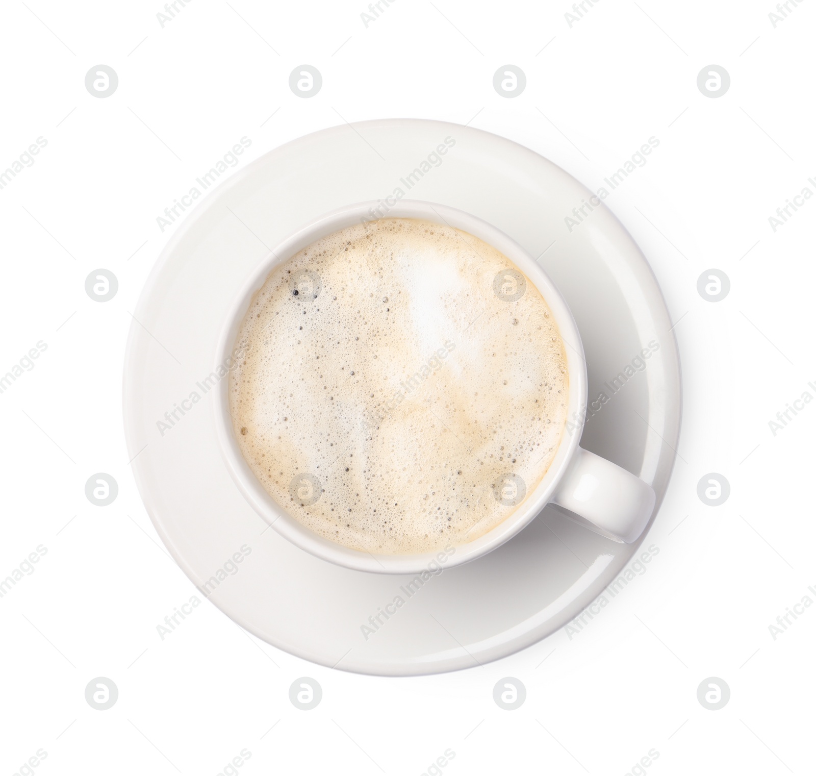 Photo of Tasty cappuccino in coffee cup isolated on white, top view