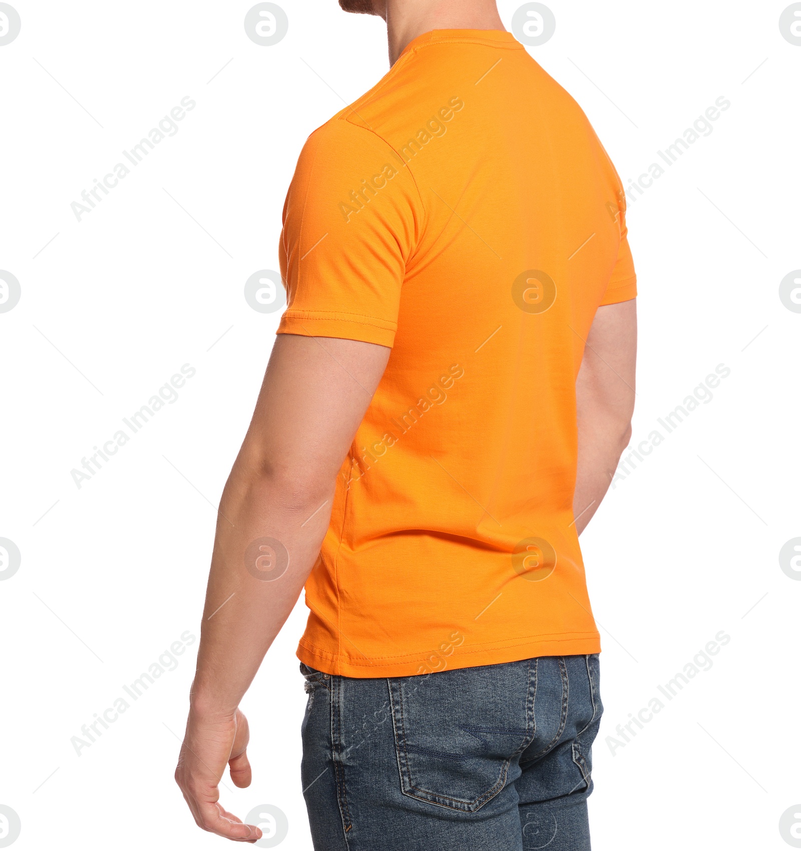 Photo of Man wearing orange t-shirt on white background, closeup. Mockup for design