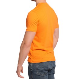 Photo of Man wearing orange t-shirt on white background, closeup. Mockup for design