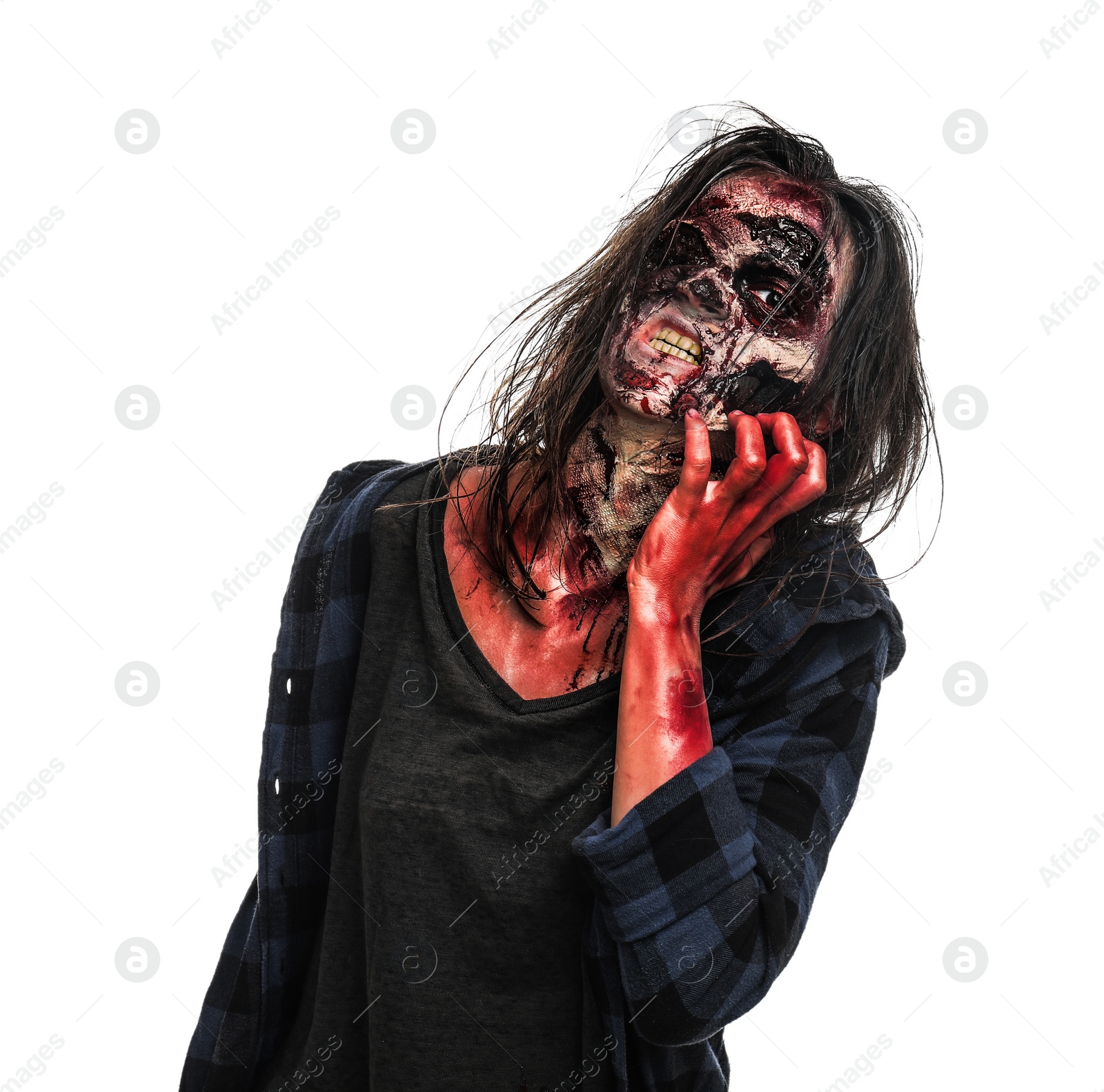 Photo of Scary zombie on white background. Halloween monster