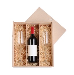 Wooden gift box with bottle of wine and glasses isolated on white, top view