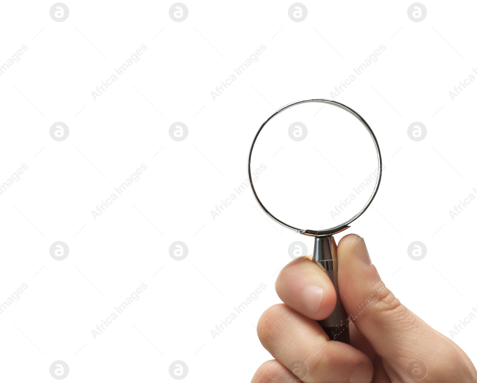 Photo of Woman holding magnifying glass on white background, closeup. Space for text