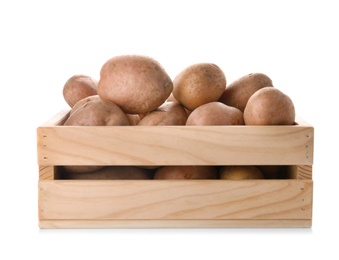 Photo of Wooden crate with fresh ripe organic potatoes on white background