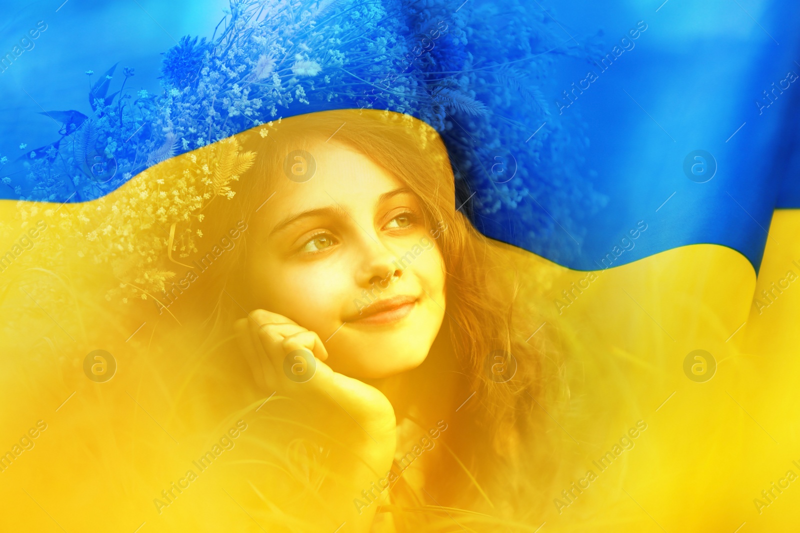 Image of Double exposure of cute little girl wearing flower wreath outdoors and Ukrainian flag 