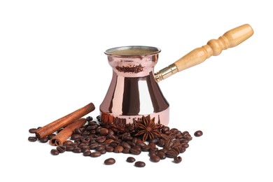 Photo of Turkish coffee. Cezve with hot coffee and spices on white background