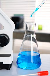 Laboratory analysis. Dripping blue liquid into flask near microscope on white table, closeup