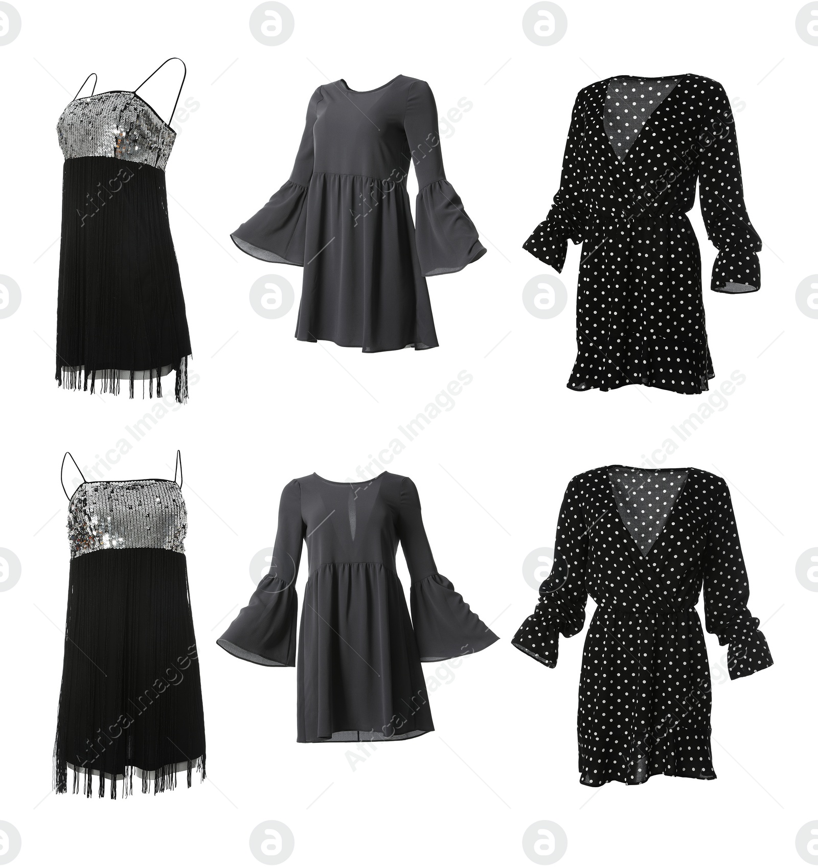 Image of Set of different stylish dresses on white background