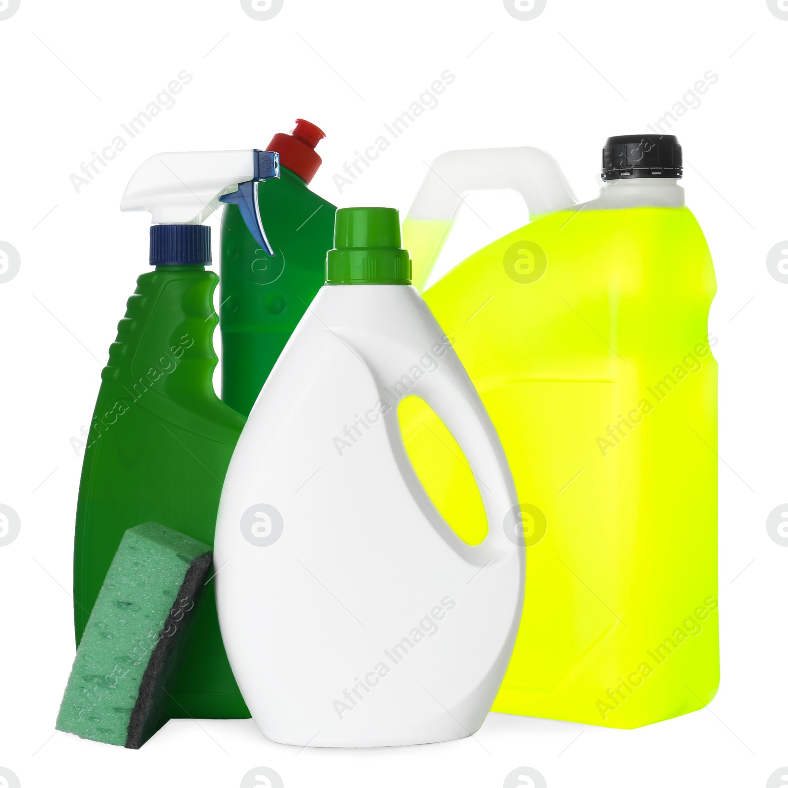 Photo of Different cleaning supplies and sponge on white background