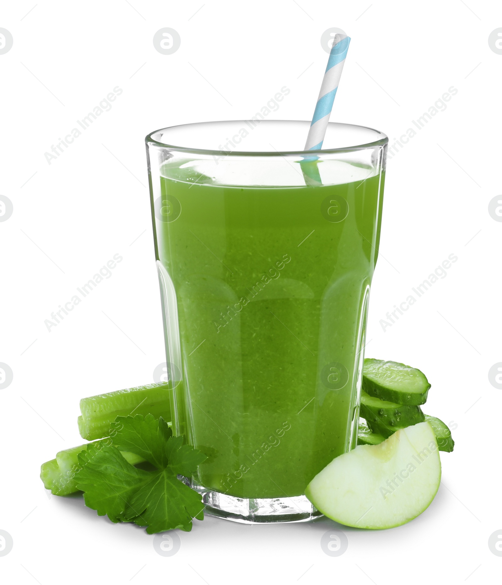 Photo of Glass of celery juice and fresh ingredients on white background