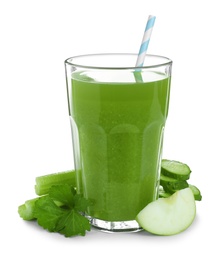 Photo of Glass of celery juice and fresh ingredients on white background