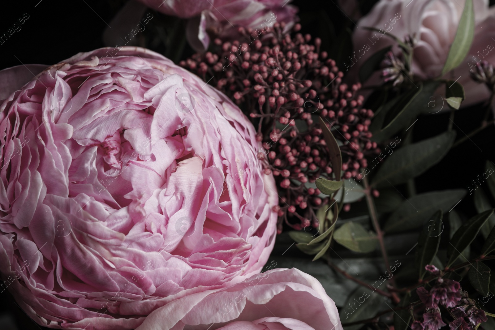 Photo of Beautiful bouquet of different flowers, closeup. Floral card design with dark vintage effect