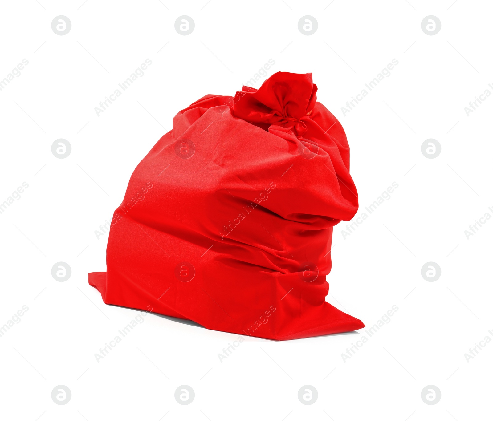 Photo of Santa Claus red bag full of presents on white background