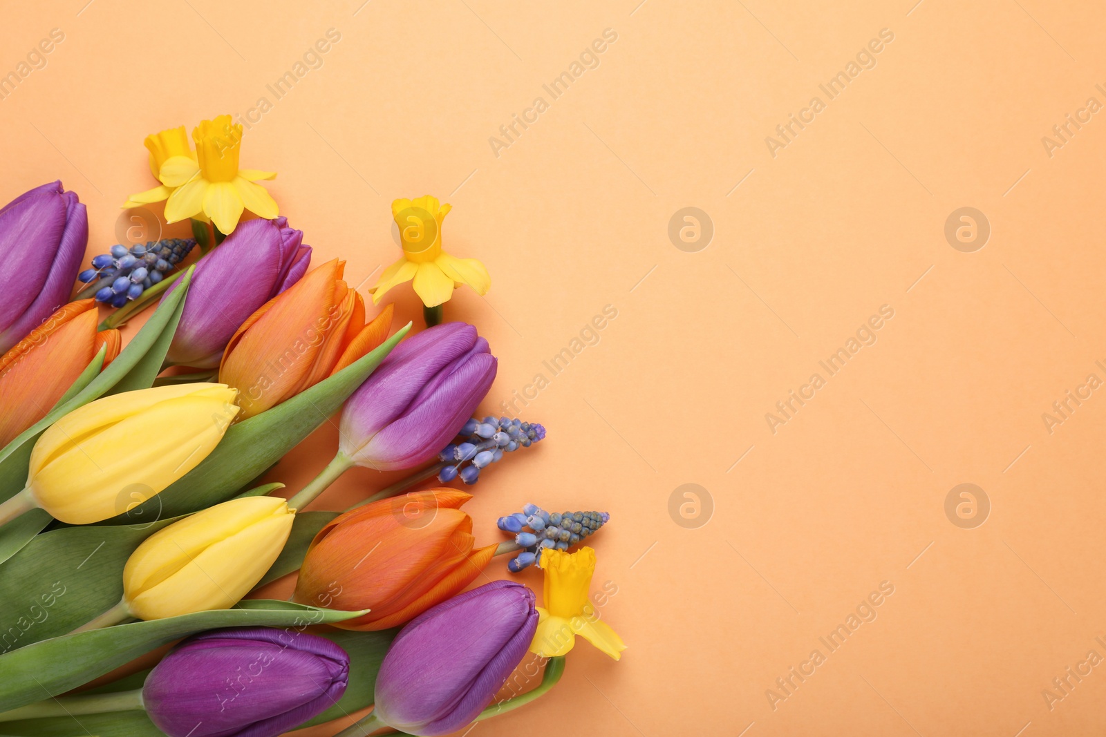 Photo of Beautiful bouquet with different flowers on orange background, flat lay. Space for text