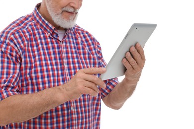 Man using tablet on white background, closeup