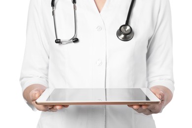 Photo of Doctor with tablet on white background, closeup