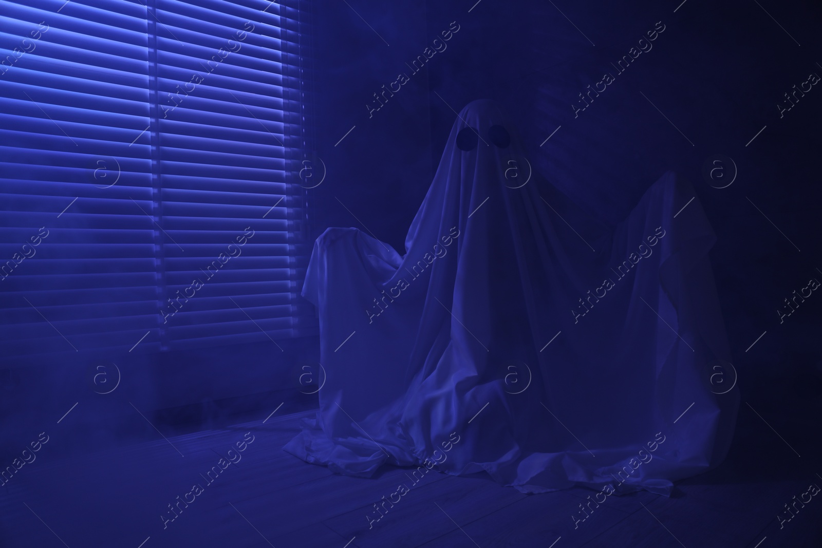 Photo of Creepy ghost. Woman covered with sheet near window in blue light, space for text