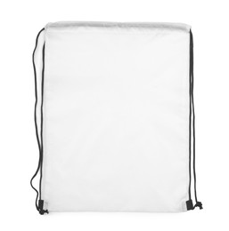 Photo of One empty drawstring bag isolated on white