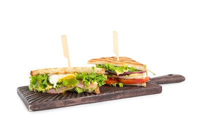 Photo of Wooden board with tasty sandwiches isolated on white