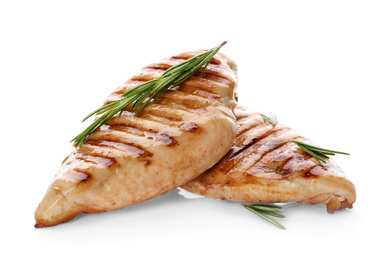 Photo of Tasty grilled chicken fillets and rosemary isolated on white
