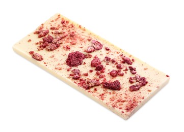 Photo of Chocolate bar with freeze dried raspberries isolated on white