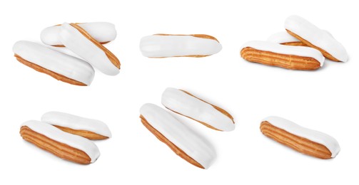 Image of Collage with tasty glazed eclairs on white background, top and side views