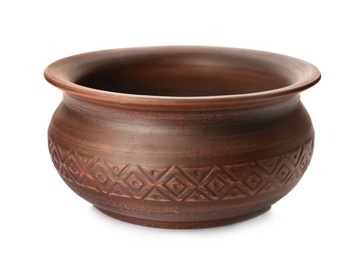Photo of Stylish brown clay pot isolated on white