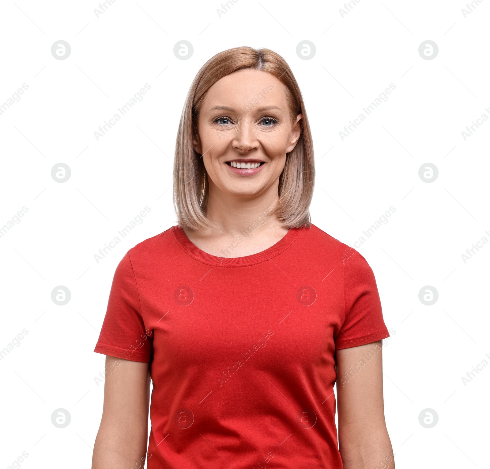 Photo of Happy woman in red t-shirt on white background