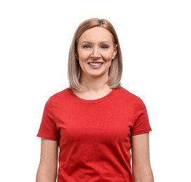 Photo of Happy woman in red t-shirt on white background
