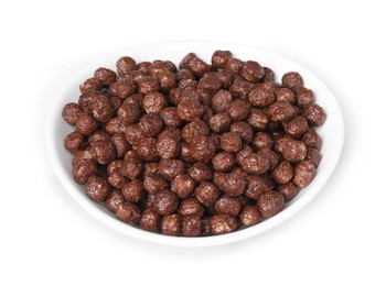 Photo of Chocolate cereal balls in bowl isolated on white