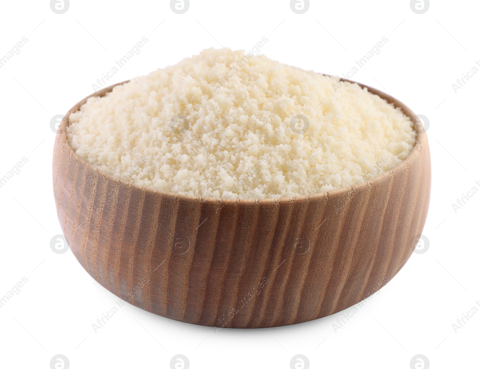 Photo of Bowl with grated parmesan cheese isolated on white