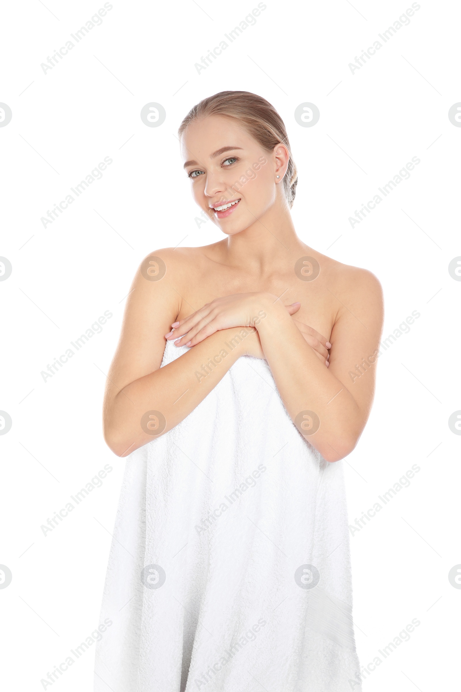 Photo of Portrait of young pretty woman with towel on white background