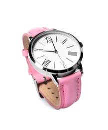 Photo of Stylish wrist watch on white background. Fashion accessory