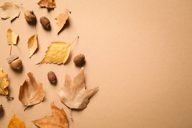 Flat lay composition with autumn leaves on brown background. Space for text