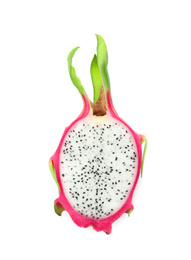 Photo of Half of delicious ripe dragon fruit (pitahaya) on white background, top view