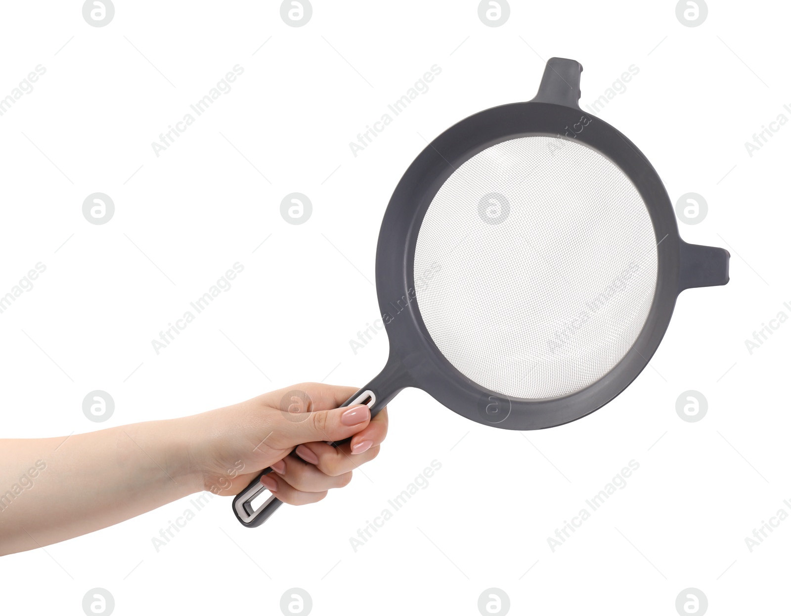 Photo of Woman with sieve on white background, closeup