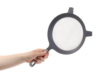 Woman with sieve on white background, closeup