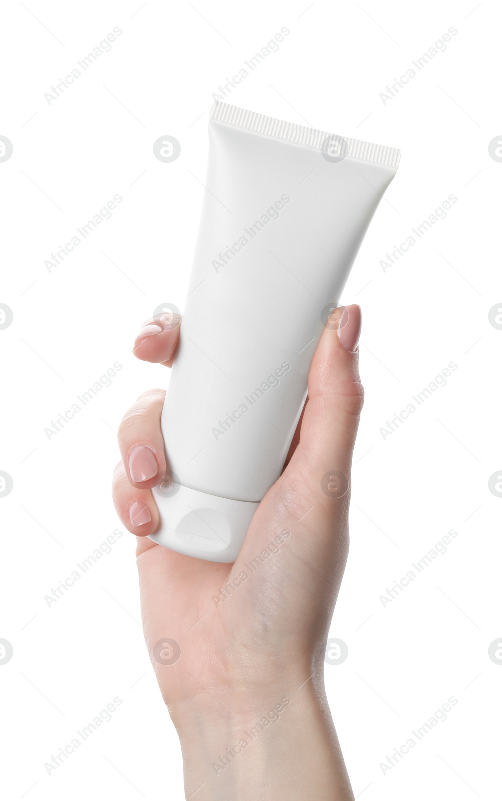 Photo of Woman with tube of cream isolated on white, closeup