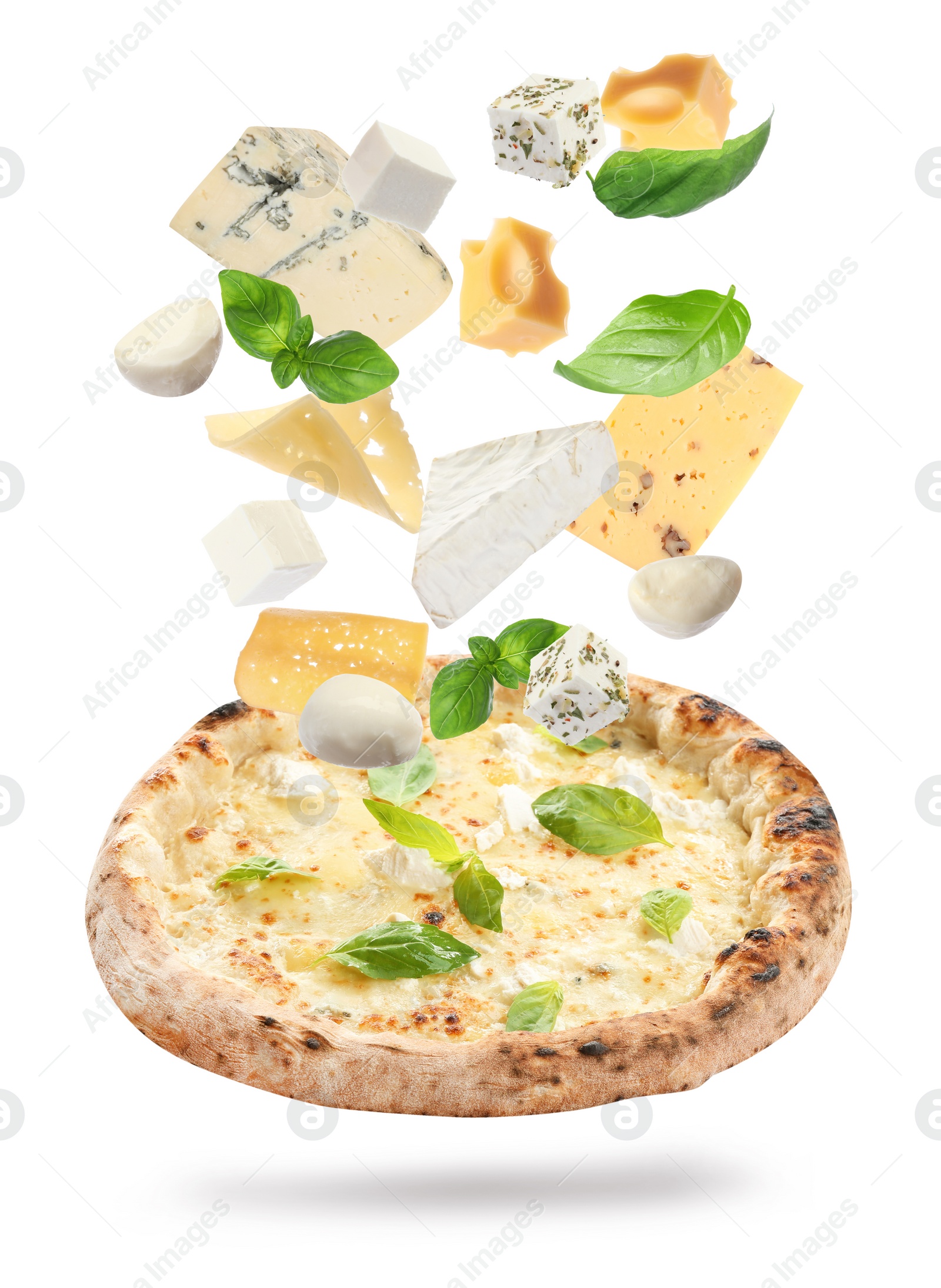 Image of Delicious pizza with flying ingredients on white background