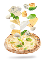 Delicious pizza with flying ingredients on white background