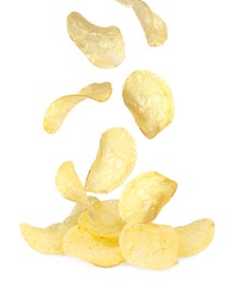 Image of Fried crispy potato chips falling into heap on white background