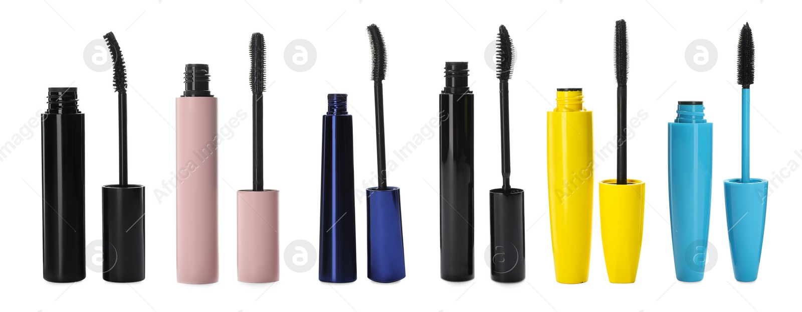 Image of Set with different mascaras on white background. Banner design