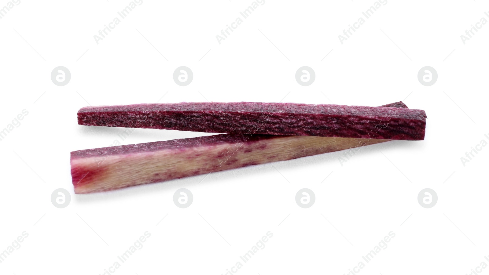 Photo of Raw purple carrot sticks isolated on white