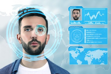Image of Facial recognition system. Man scanned by iris and personal data against world map
