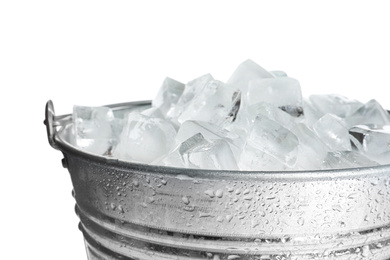 Metal bucket with ice cubes isolated on white