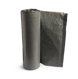 Photo of Rollgrey garbage bags on white background. Cleaning supplies