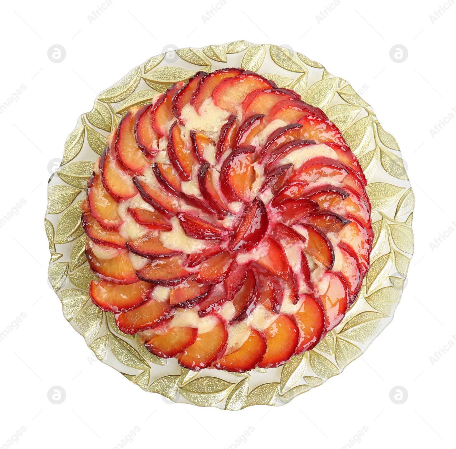 Photo of Delicious cake with plums isolated on white, top view