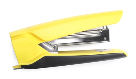 Photo of One yellow stapler isolated on white, top view