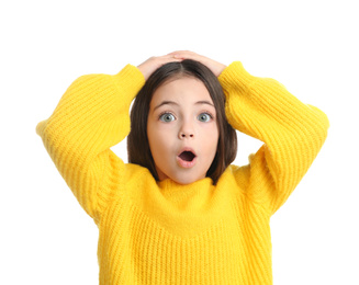 Portrait of cute little girl on white background