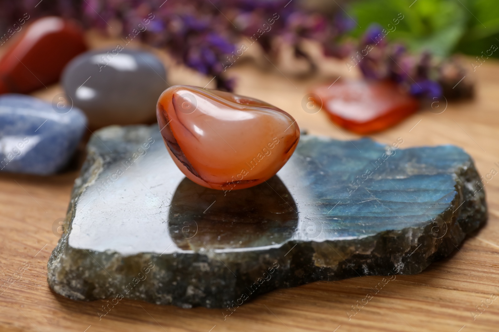 Photo of Different gemstones and healing herbs on wooden table, closeup