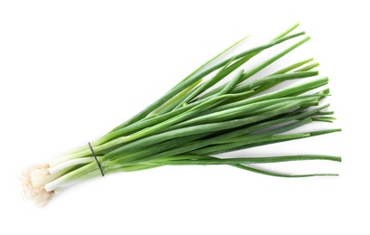 Photo of Bunch of fresh green onions on white background